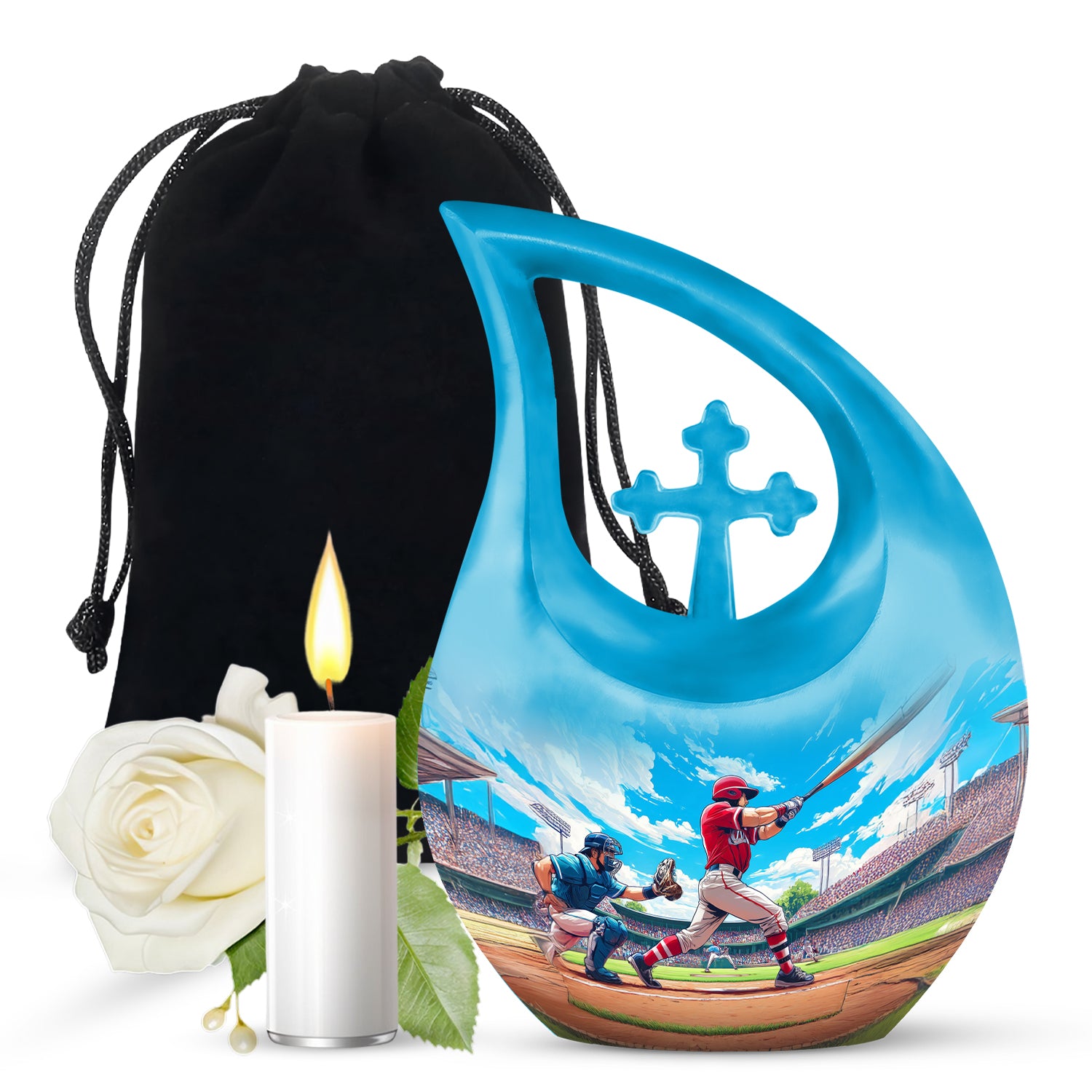 Cobalt Blue Baseball Cremation Urn top-down view of secure threaded lid - faith-inspired cross-drop urn with baseball pattern - full-size 10 inch 200 cubic inch adult cremation urn