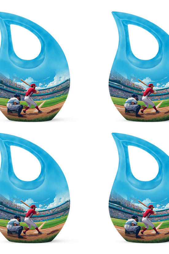 Celestial Blue Baseball Cremation Urn lifestyle display on memorial shelf - cross and baseball combined in spiritual memorial design - 10 inch aluminum urn for cremated remains