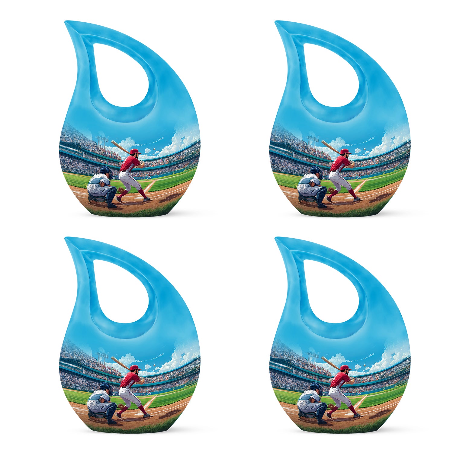 Celestial Blue Baseball Cremation Urn lifestyle display on memorial shelf - cross and baseball combined in spiritual memorial design - 10 inch aluminum urn for cremated remains