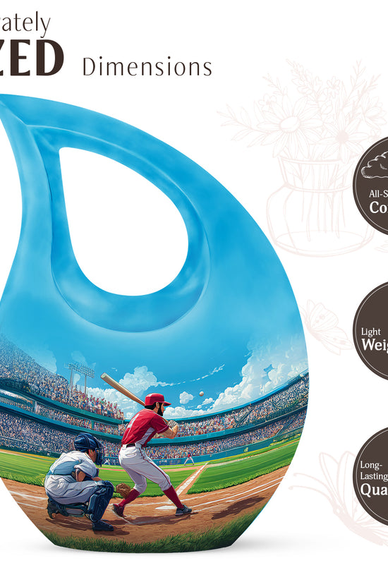 Royal Blue Baseball Cremation Urn back view with polished surface - faith-inspired cross-drop urn with baseball pattern - mini keepsake memorial for portion of cremation ashes