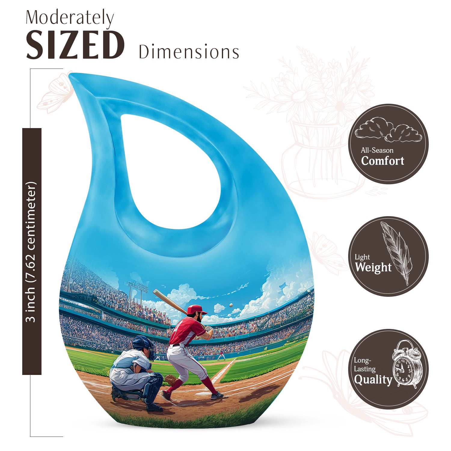 Royal Blue Baseball Cremation Urn back view with polished surface - faith-inspired cross-drop urn with baseball pattern - mini keepsake memorial for portion of cremation ashes