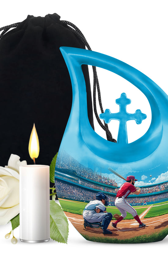 Misty Blue Baseball Cremation Urn top-down view of secure threaded lid - cross and baseball combined in spiritual memorial design - full-size 10 inch 200 cubic inch adult cremation urn