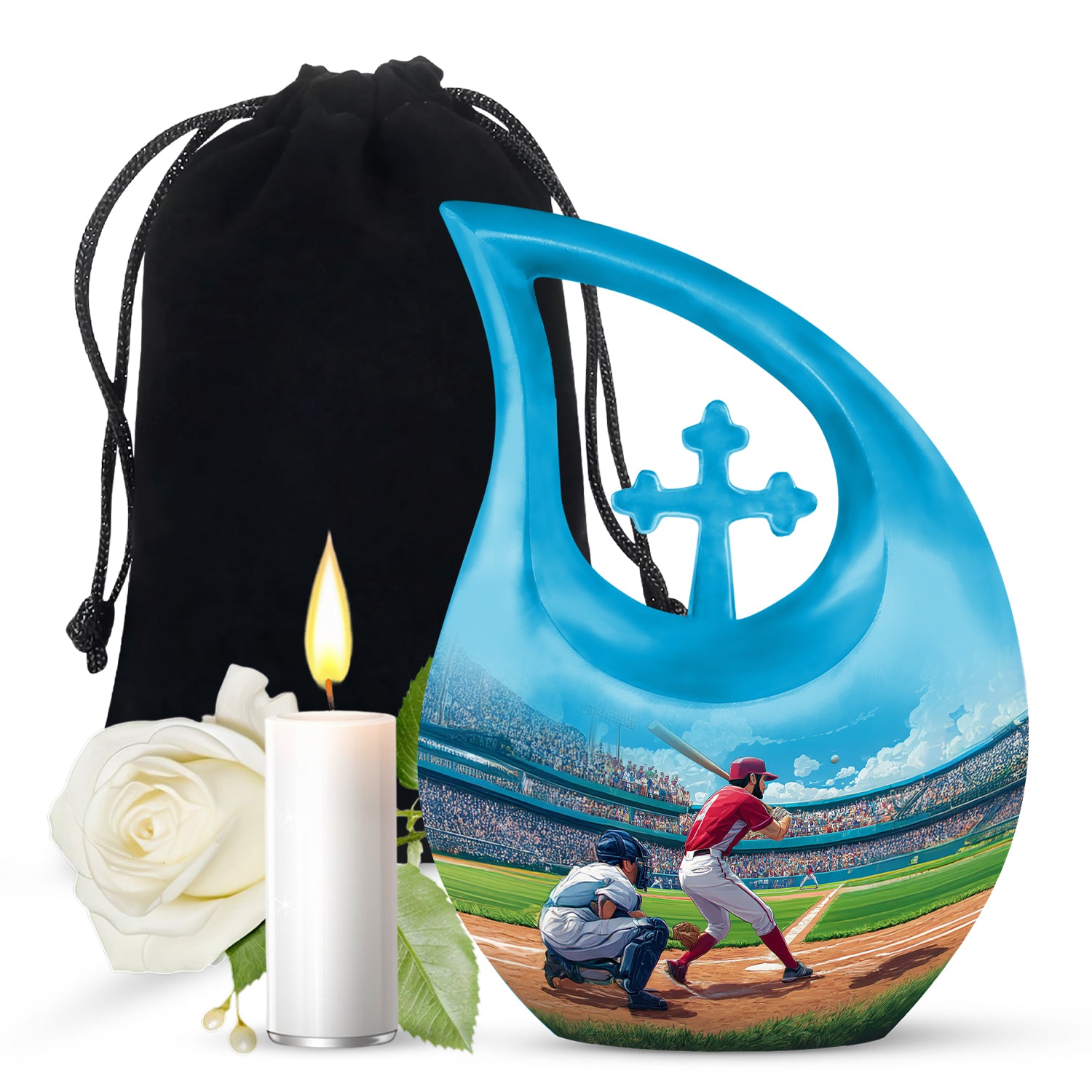 Misty Blue Baseball Cremation Urn top-down view of secure threaded lid - cross and baseball combined in spiritual memorial design - full-size 10 inch 200 cubic inch adult cremation urn