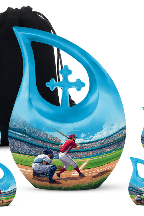 Steel Blue Baseball Cremation Urn urn with complimentary velvet bag - devotional cross-drop baseball engraving - memorial set with one large and four small urns