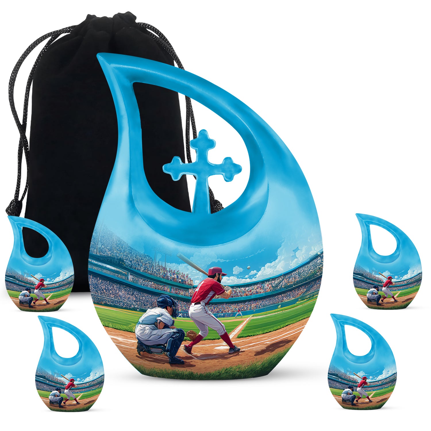 Steel Blue Baseball Cremation Urn urn with complimentary velvet bag - devotional cross-drop baseball engraving - memorial set with one large and four small urns