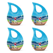 Ocean Teal Baseball Cremation Urn lifestyle display on memorial shelf - sacred cross merged with baseball motif on metal - 10 inch aluminum urn for cremated remains