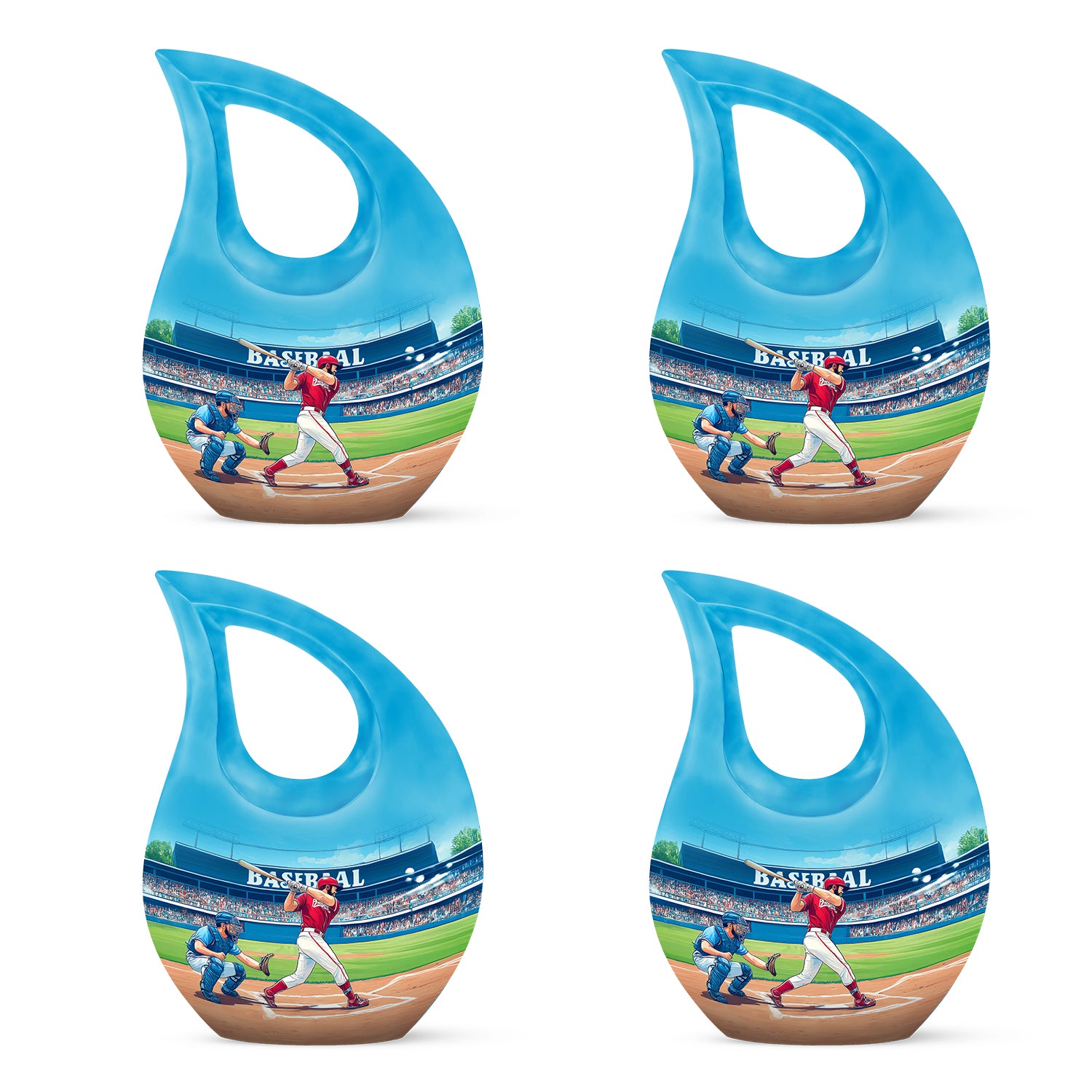 Ocean Teal Baseball Cremation Urn lifestyle display on memorial shelf - sacred cross merged with baseball motif on metal - 10 inch aluminum urn for cremated remains