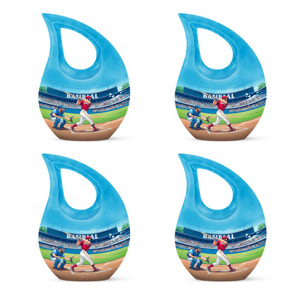 Ocean Teal Baseball Cremation Urn lifestyle display on memorial shelf - sacred cross merged with baseball motif on metal - 10 inch aluminum urn for cremated remains
