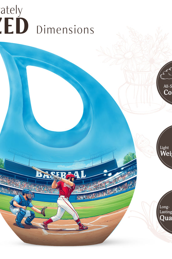 Sea Green Teal Baseball Cremation Urn back view with polished surface - sacred cross merged with baseball motif on metal - mini keepsake memorial for portion of cremation ashes