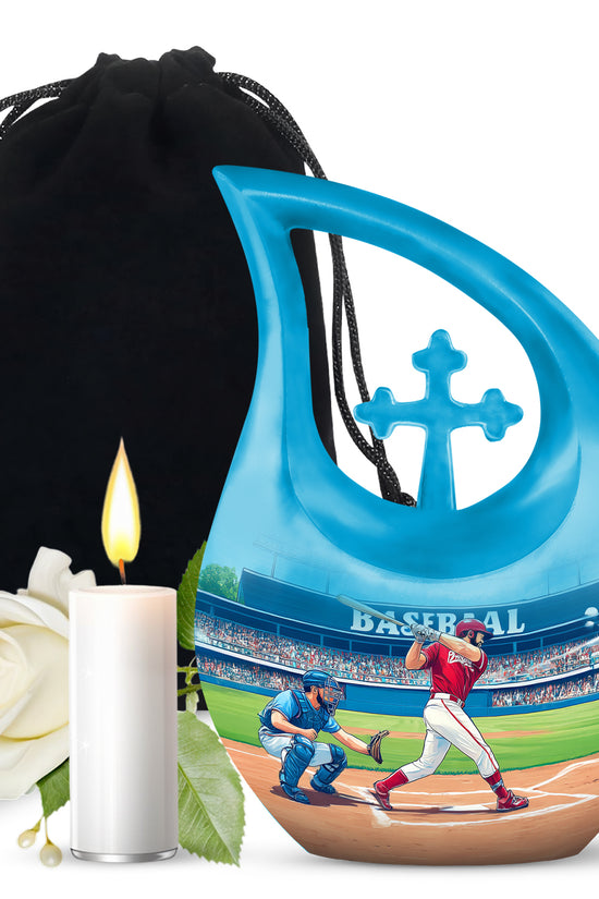 Jewel Teal Baseball Cremation Urn top-down view of secure threaded lid - sacred cross merged with baseball motif on metal - full-size 10 inch 200 cubic inch adult cremation urn
