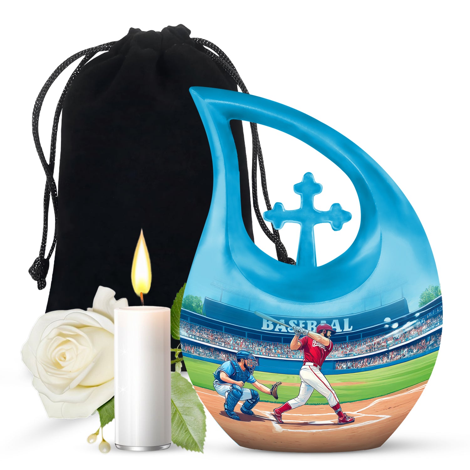 Jewel Teal Baseball Cremation Urn top-down view of secure threaded lid - sacred cross merged with baseball motif on metal - full-size 10 inch 200 cubic inch adult cremation urn