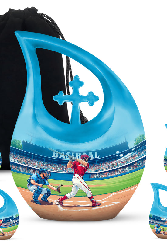 Vivid Teal Baseball Cremation Urn urn with complimentary velvet bag - faith-inspired cross-drop urn with baseball pattern - memorial set with one large and four small urns