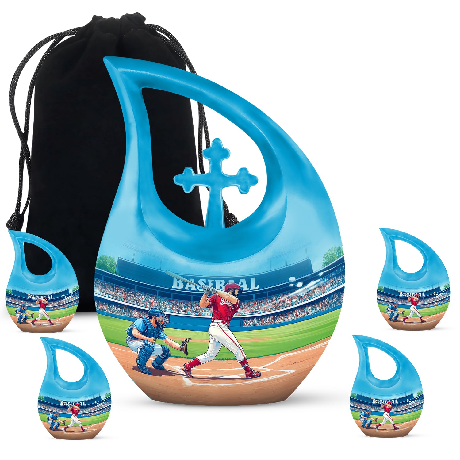 Vivid Teal Baseball Cremation Urn urn with complimentary velvet bag - faith-inspired cross-drop urn with baseball pattern - memorial set with one large and four small urns