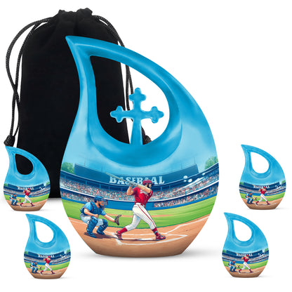 Vivid Teal Baseball Cremation Urn urn with complimentary velvet bag - faith-inspired cross-drop urn with baseball pattern - memorial set with one large and four small urns