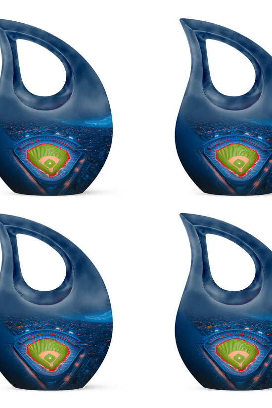 Bright Blue Baseball Cremation Urn lifestyle display on memorial shelf - faith-inspired cross-drop urn with baseball pattern - 10 inch aluminum urn for cremated remains