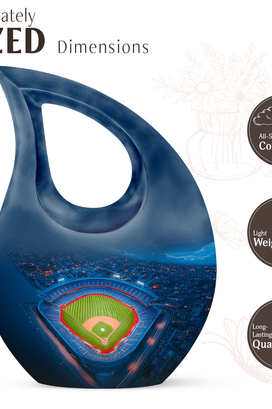 Royal Blue Baseball Cremation Urn back view with polished surface - faith-inspired cross-drop urn with baseball pattern - mini keepsake memorial for portion of cremation ashes
