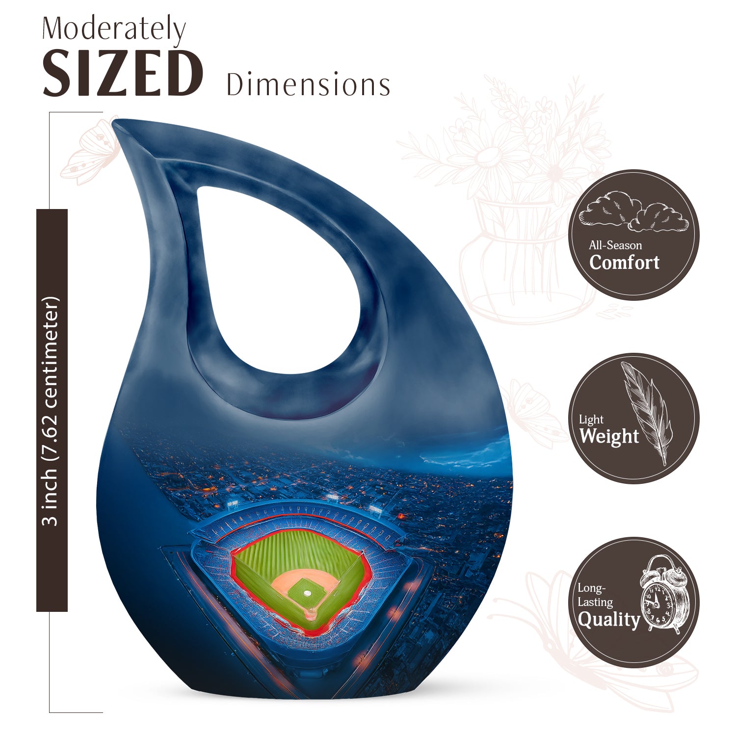 Royal Blue Baseball Cremation Urn back view with polished surface - faith-inspired cross-drop urn with baseball pattern - mini keepsake memorial for portion of cremation ashes