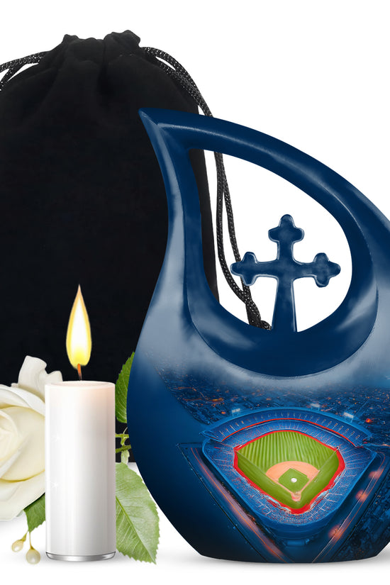 Celestial Blue Baseball Cremation Urn top-down view of secure threaded lid - sacred cross merged with baseball motif on metal - full-size 10 inch 200 cubic inch adult cremation urn