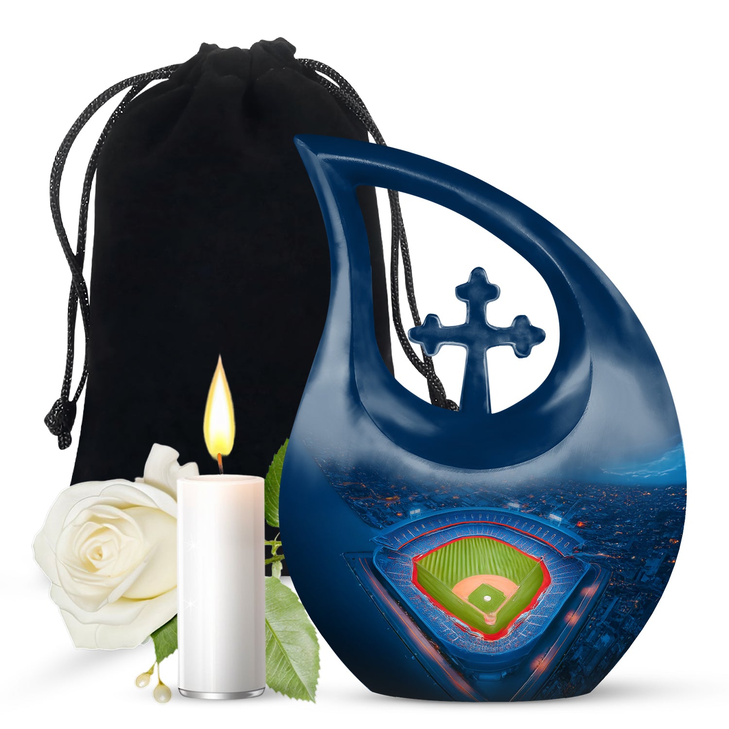 Celestial Blue Baseball Cremation Urn top-down view of secure threaded lid - sacred cross merged with baseball motif on metal - full-size 10 inch 200 cubic inch adult cremation urn