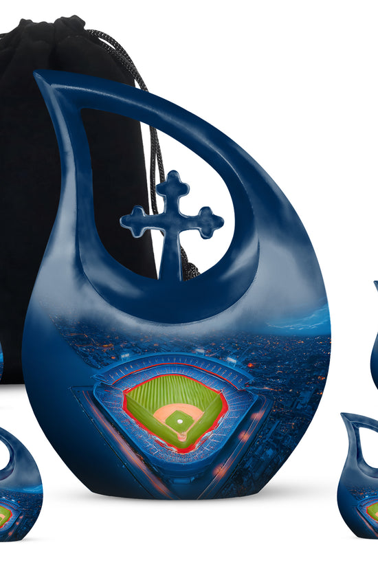 Cornflower Blue Baseball Cremation Urn urn with complimentary velvet bag - faith-inspired cross-drop urn with baseball pattern - memorial set with one large and four small urns