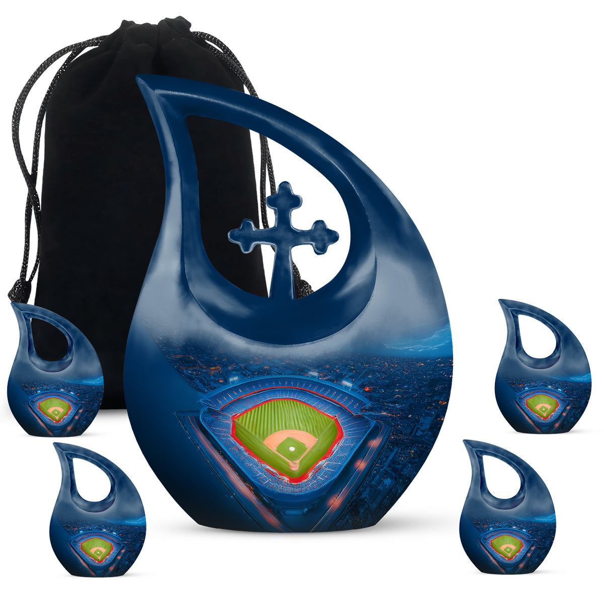 Cornflower Blue Baseball Cremation Urn urn with complimentary velvet bag - faith-inspired cross-drop urn with baseball pattern - memorial set with one large and four small urns