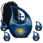 Cornflower Blue Baseball Cremation Urn urn with complimentary velvet bag - faith-inspired cross-drop urn with baseball pattern - memorial set with one large and four small urns