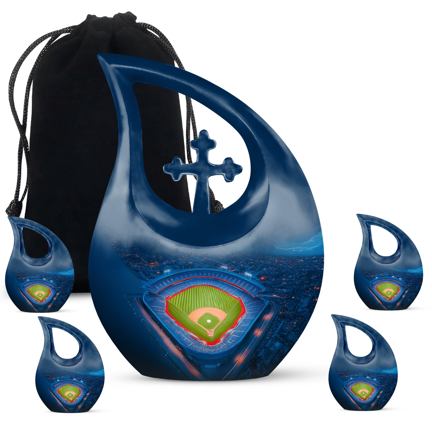 Cornflower Blue Baseball Cremation Urn urn with complimentary velvet bag - faith-inspired cross-drop urn with baseball pattern - memorial set with one large and four small urns
