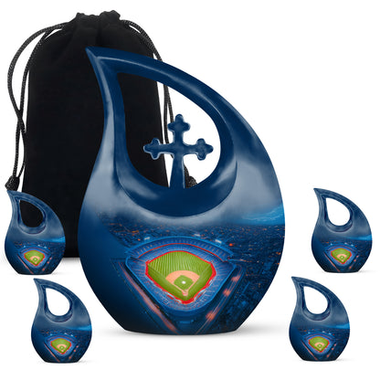 Cornflower Blue Baseball Cremation Urn urn with complimentary velvet bag - faith-inspired cross-drop urn with baseball pattern - memorial set with one large and four small urns