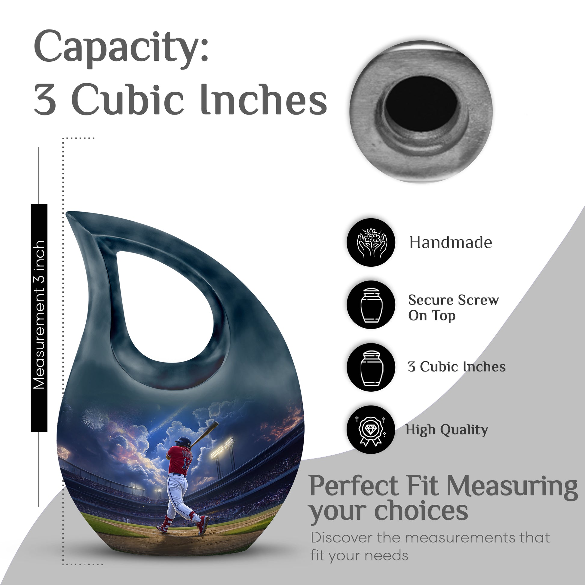 Royal Blue Baseball Cremation Urn back view with polished surface - faith-inspired cross-drop urn with baseball pattern - mini keepsake memorial for portion of cremation ashes