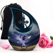 Soft Blue Baseball Cremation Urn top-down view of secure threaded lid - devotional cross-drop baseball engraving - full-size 10 inch 200 cubic inch adult cremation urn