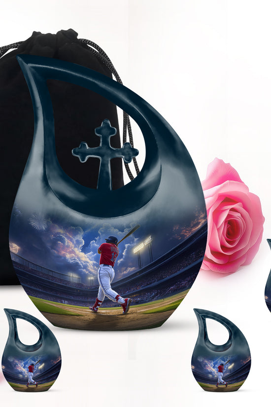 Vivid Blue Baseball Cremation Urn urn with complimentary velvet bag - devotional cross-drop baseball engraving - memorial set with one large and four small urns