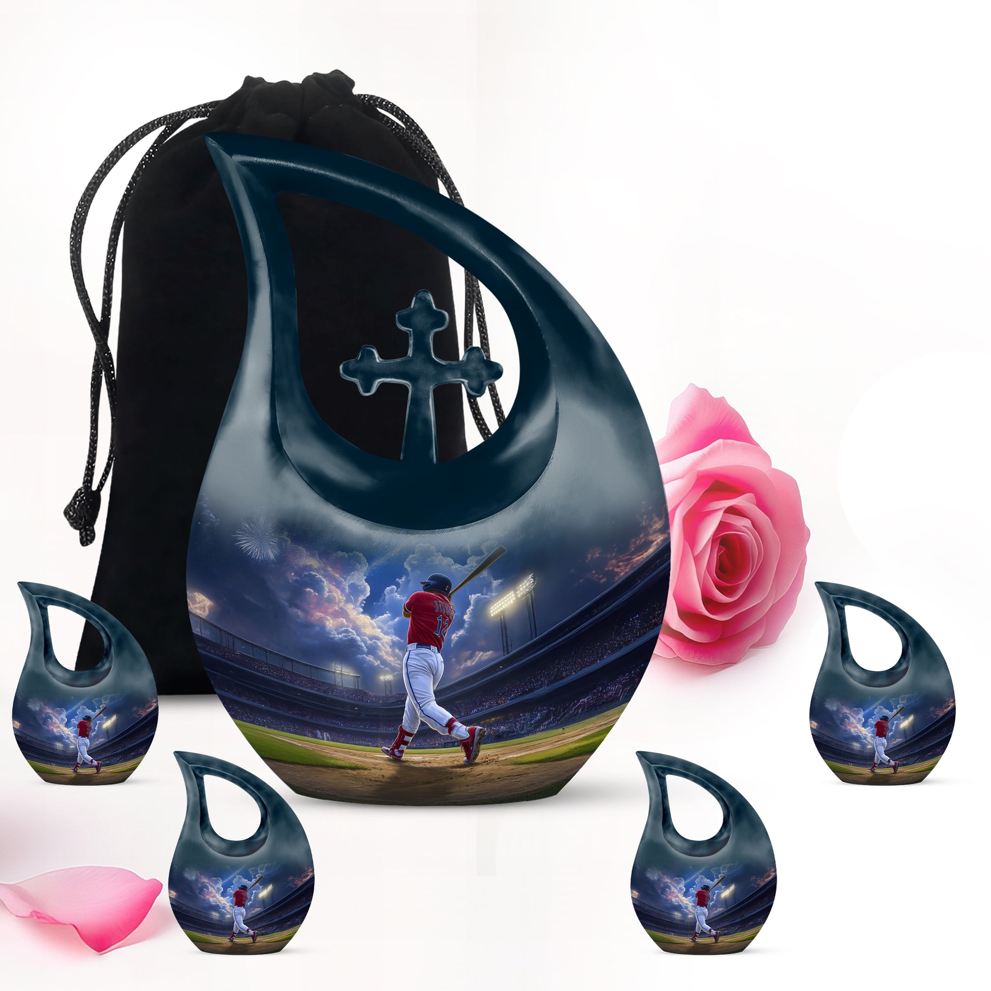 Vivid Blue Baseball Cremation Urn urn with complimentary velvet bag - devotional cross-drop baseball engraving - memorial set with one large and four small urns