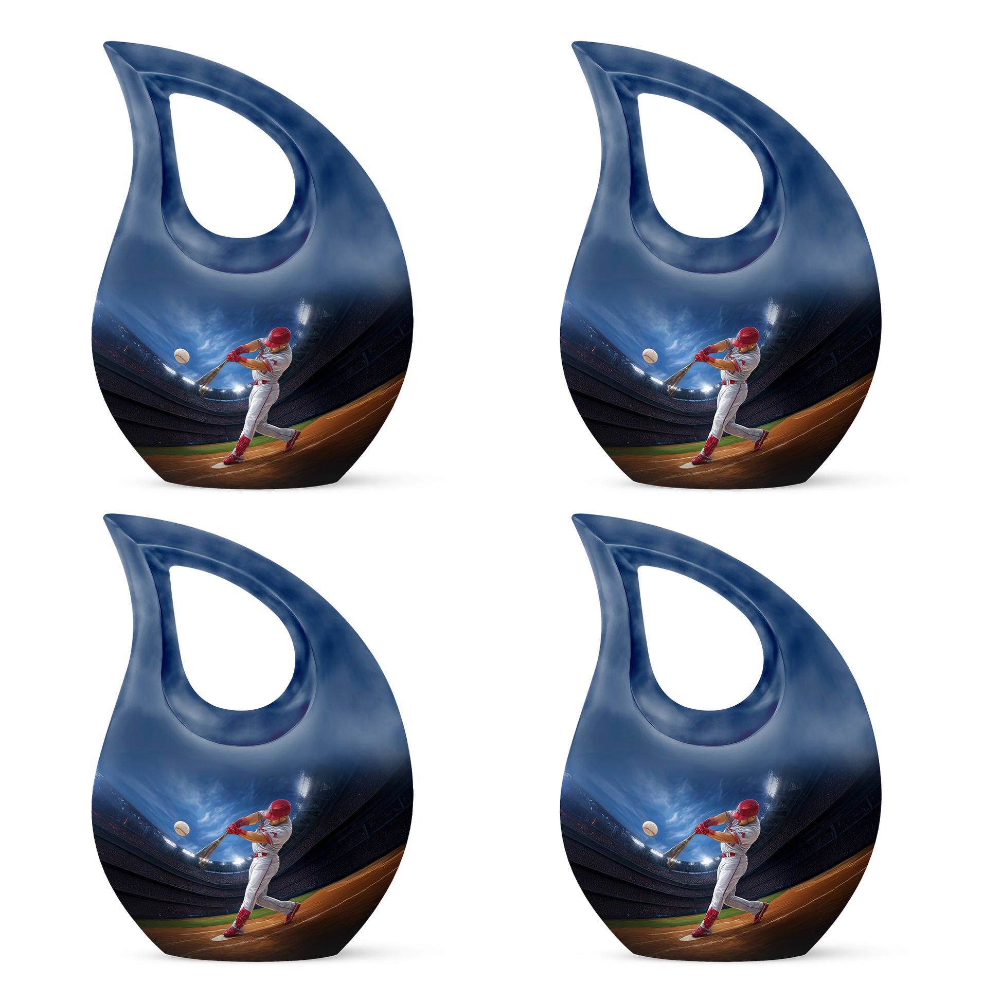 Steel Blue Baseball Cremation Urn lifestyle display on memorial shelf - faith-inspired cross-drop urn with baseball pattern - 10 inch aluminum urn for cremated remains