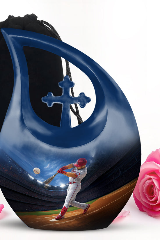 Serene Blue Baseball Cremation Urn top-down view of secure threaded lid - devotional cross-drop baseball engraving - full-size 10 inch 200 cubic inch adult cremation urn