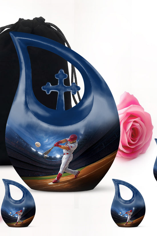 Sapphire Blue Baseball Cremation Urn urn with complimentary velvet bag - faith-inspired cross-drop urn with baseball pattern - memorial set with one large and four small urns