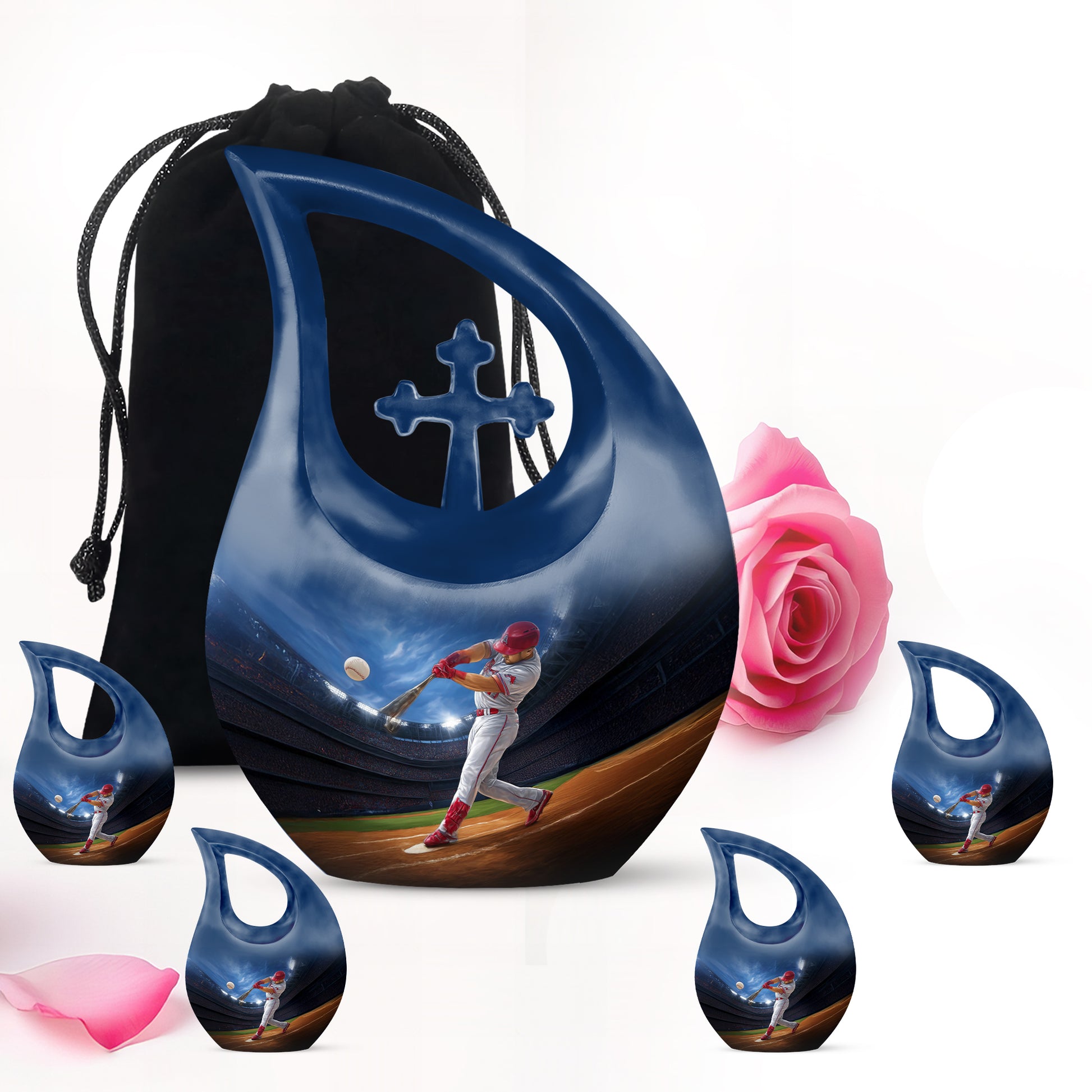 Sapphire Blue Baseball Cremation Urn urn with complimentary velvet bag - faith-inspired cross-drop urn with baseball pattern - memorial set with one large and four small urns