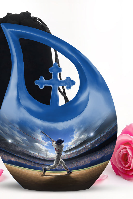 Azure Baseball Cremation Urn top-down view of secure threaded lid - sacred cross merged with baseball motif on metal - full-size 10 inch 200 cubic inch adult cremation urn