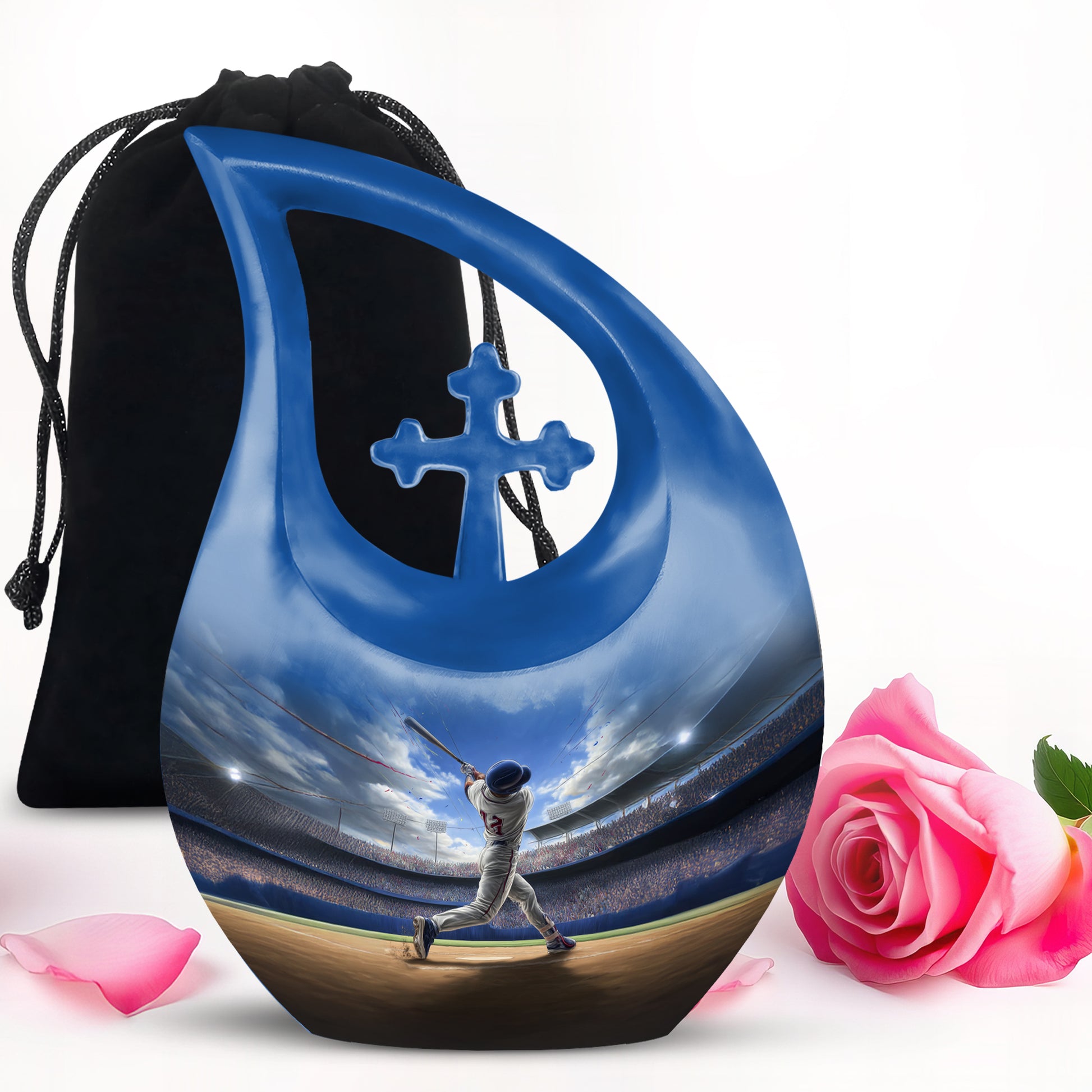 Azure Baseball Cremation Urn top-down view of secure threaded lid - sacred cross merged with baseball motif on metal - full-size 10 inch 200 cubic inch adult cremation urn