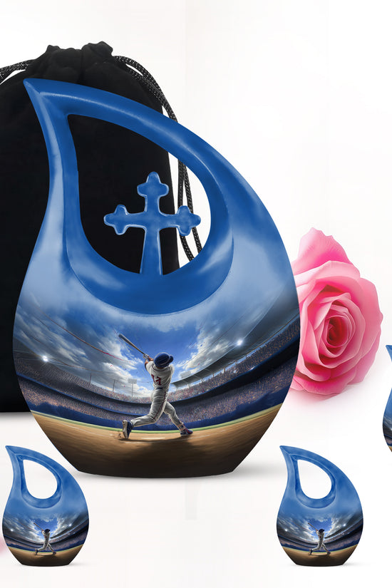 Indigo Baseball Cremation Urn urn with complimentary velvet bag - sacred cross merged with baseball motif on metal - memorial set with one large and four small urns