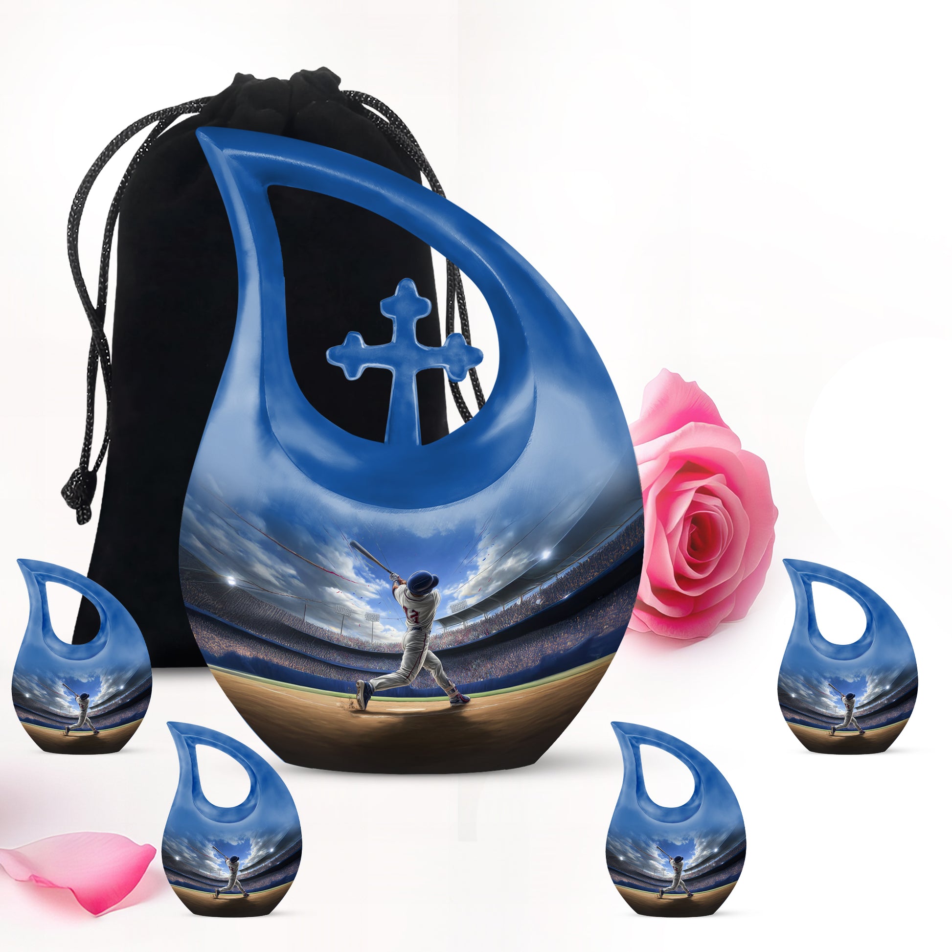 Indigo Baseball Cremation Urn urn with complimentary velvet bag - sacred cross merged with baseball motif on metal - memorial set with one large and four small urns