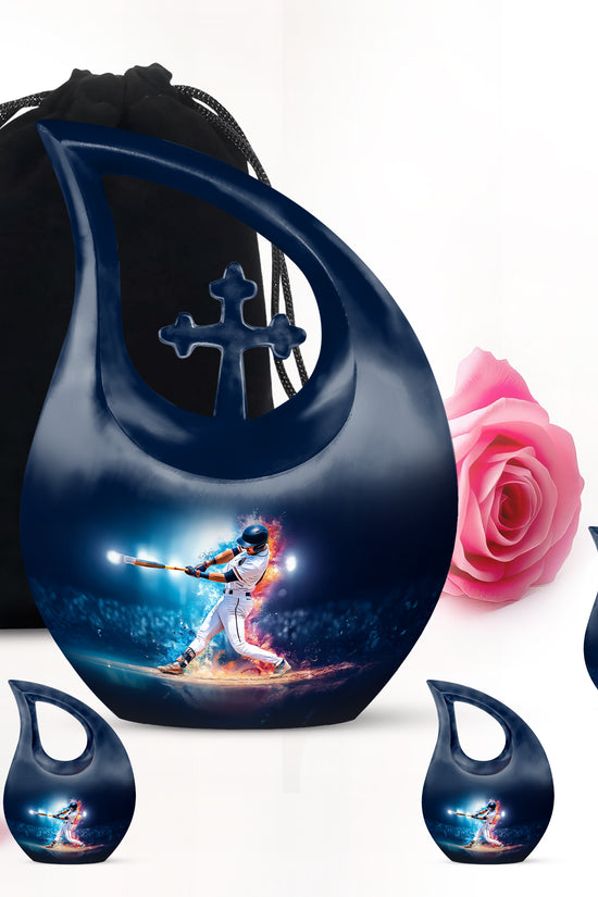 Icy Blue Baseball Cremation Urn urn with complimentary velvet bag - sacred cross merged with baseball motif on metal - memorial set with one large and four small urns
