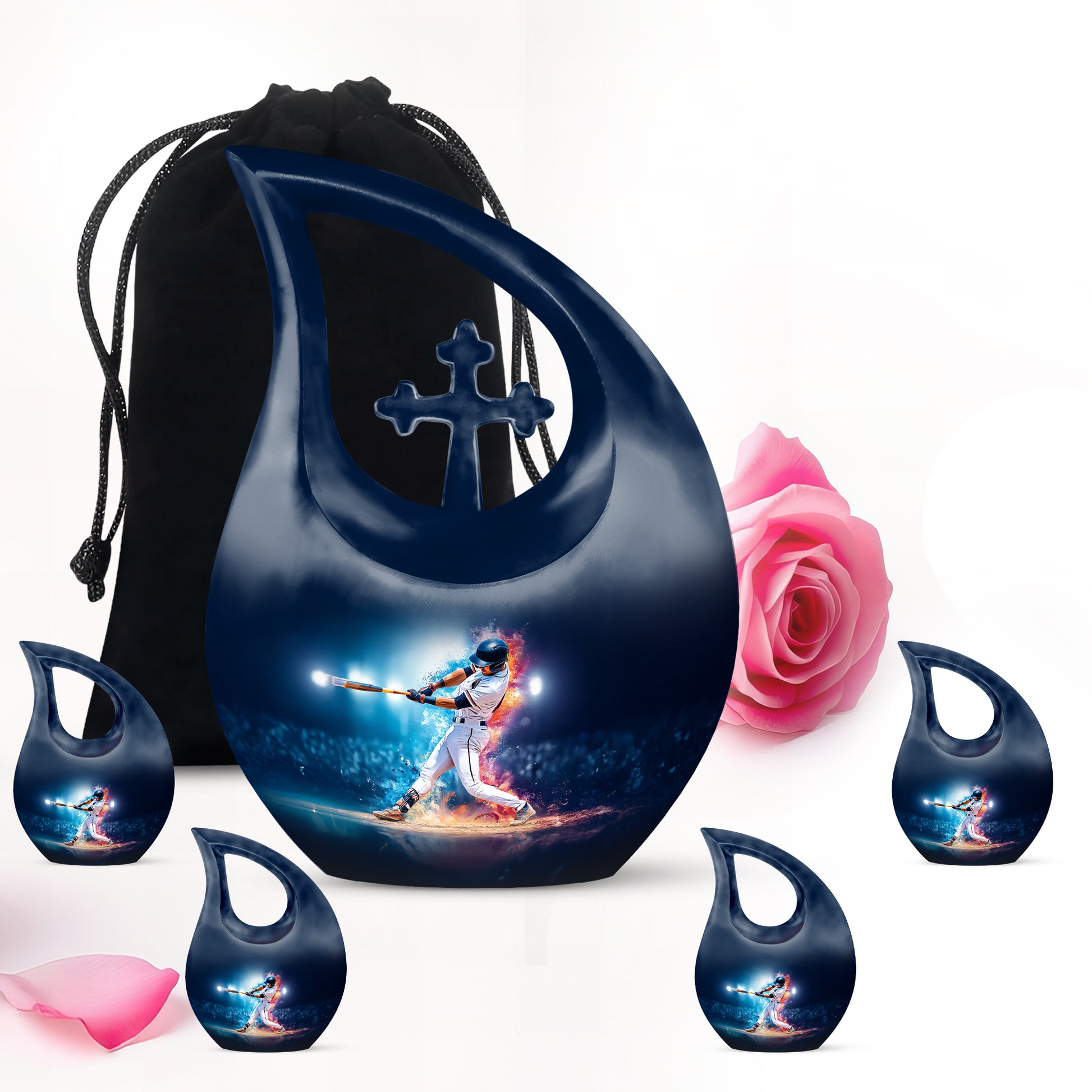 Icy Blue Baseball Cremation Urn urn with complimentary velvet bag - sacred cross merged with baseball motif on metal - memorial set with one large and four small urns