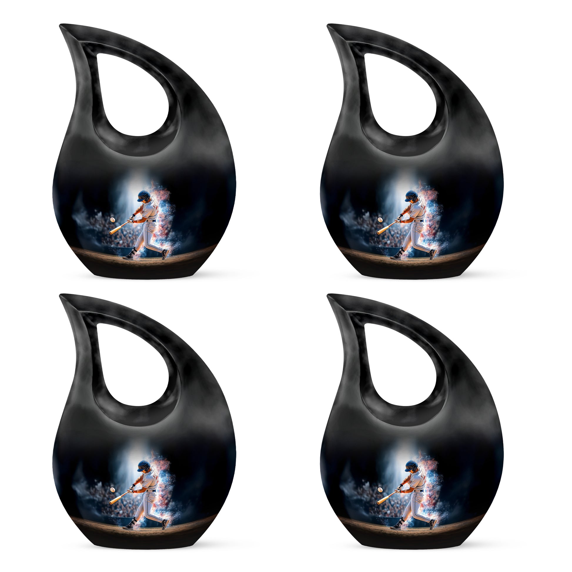 Dark Black Baseball Cremation Urn lifestyle display on memorial shelf - faith-inspired cross-drop urn with baseball pattern - 10 inch aluminum urn for cremated remains