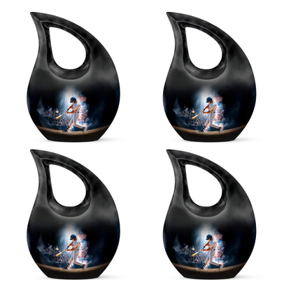 Dark Black Baseball Cremation Urn lifestyle display on memorial shelf - faith-inspired cross-drop urn with baseball pattern - 10 inch aluminum urn for cremated remains