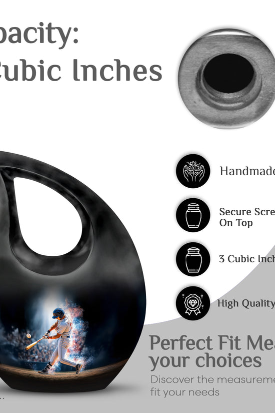 Ebony Baseball Cremation Urn back view with polished surface - cross and baseball combined in spiritual memorial design - mini keepsake memorial for portion of cremation ashes