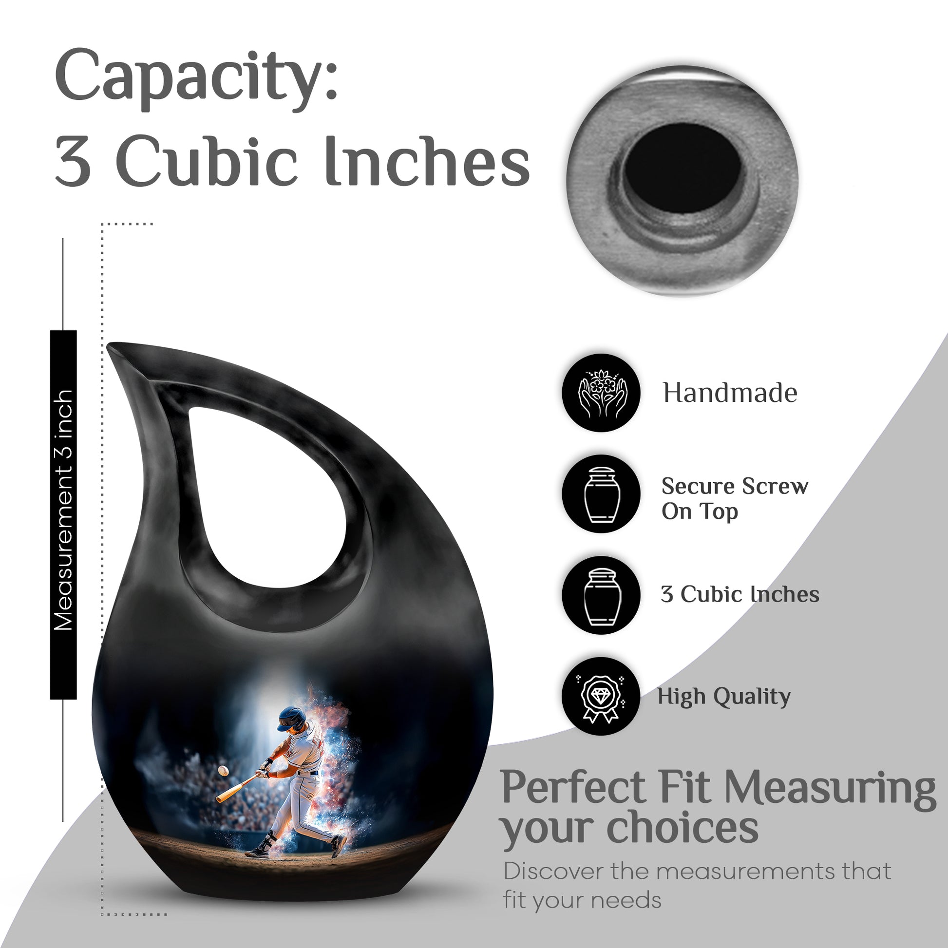 Ebony Baseball Cremation Urn back view with polished surface - cross and baseball combined in spiritual memorial design - mini keepsake memorial for portion of cremation ashes