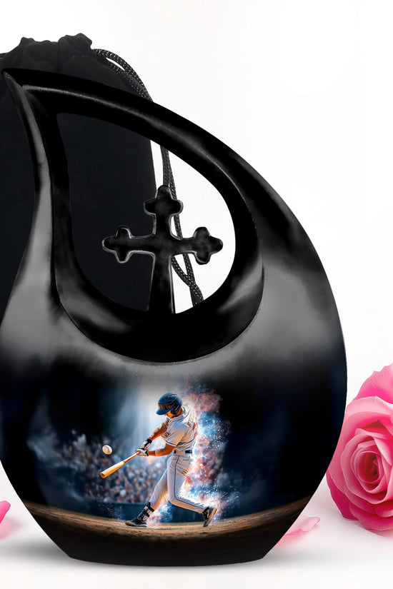 Ebony Baseball Cremation Urn top-down view of secure threaded lid - cross and baseball combined in spiritual memorial design - full-size 10 inch 200 cubic inch adult cremation urn