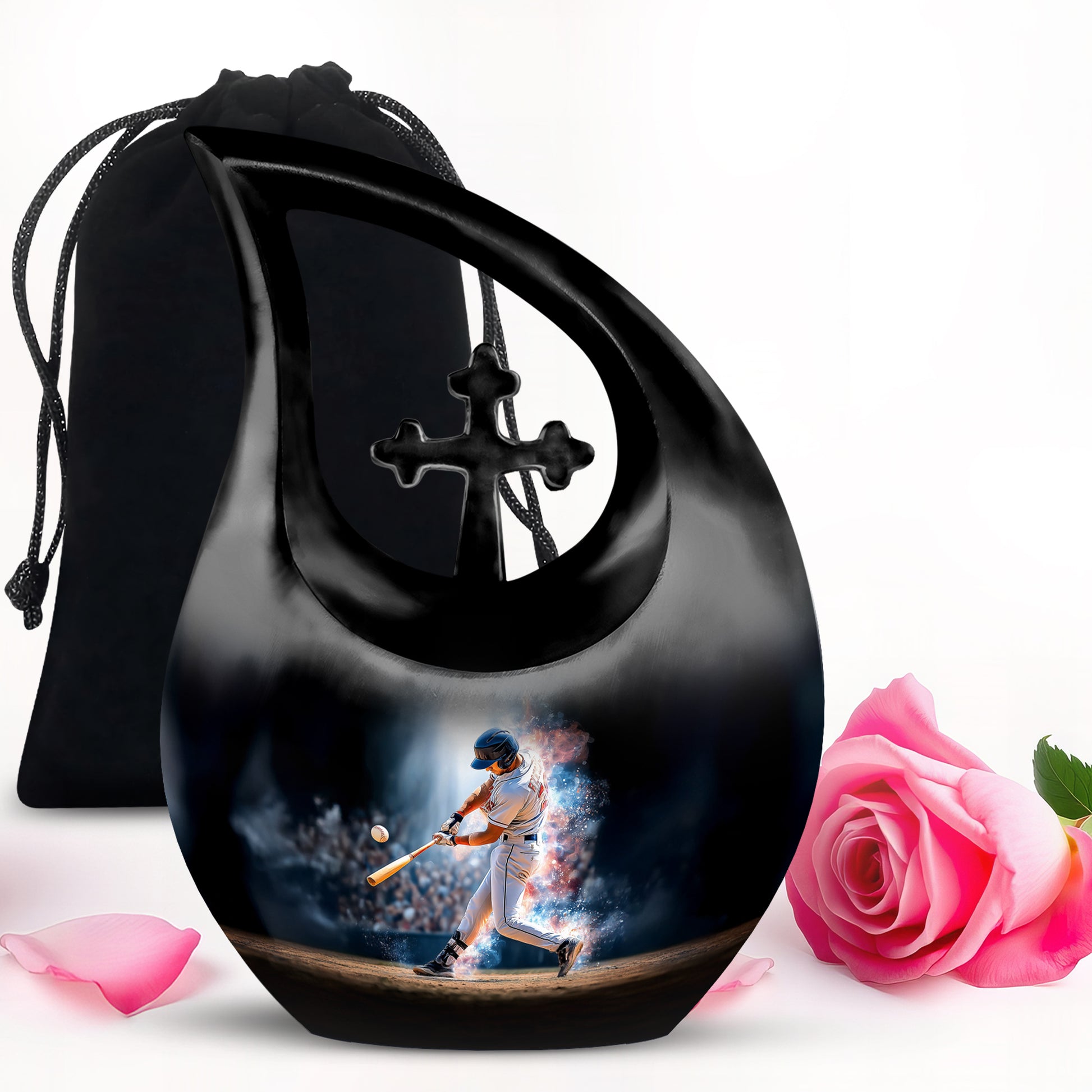 Ebony Baseball Cremation Urn top-down view of secure threaded lid - cross and baseball combined in spiritual memorial design - full-size 10 inch 200 cubic inch adult cremation urn