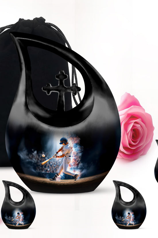 Glossy Black Baseball Cremation Urn urn with complimentary velvet bag - cross and baseball combined in spiritual memorial design - memorial set with one large and four small urns