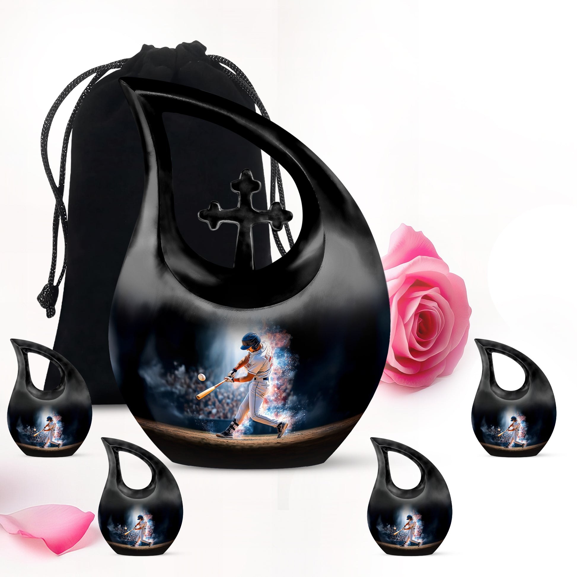 Glossy Black Baseball Cremation Urn urn with complimentary velvet bag - cross and baseball combined in spiritual memorial design - memorial set with one large and four small urns